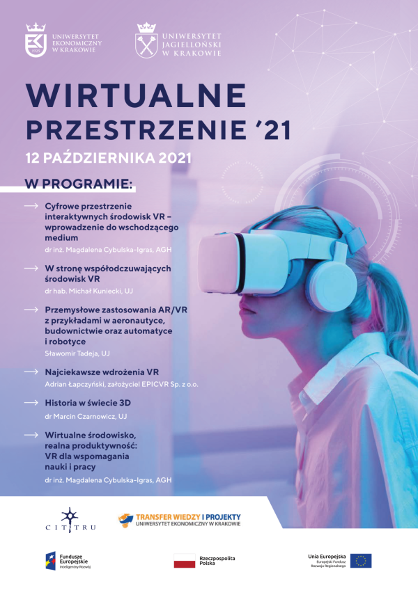 Plakat wirtualne przestrzenie '21 - na plakacie kobieta w goglach VR