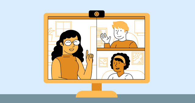 Grafika przedstawia ekran komputera z trzema osobami w trakcie spotkania online.